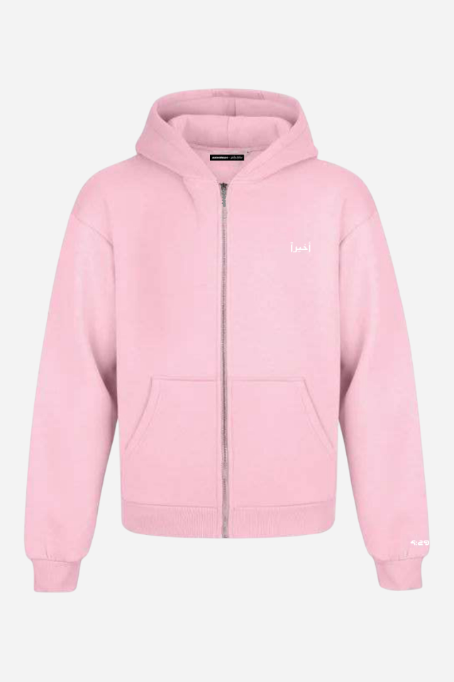 Pink Minimalist Puff-Print Zip-Up Hoodie